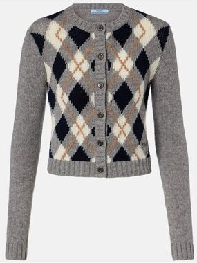 Prada Cashmere Grey Argyle Button-Up Cropped Sweater